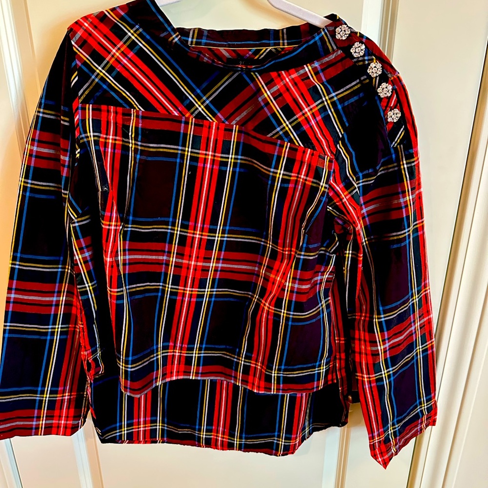 J Crew tartan plaid long sleeve top with rhinestone detail at neckline